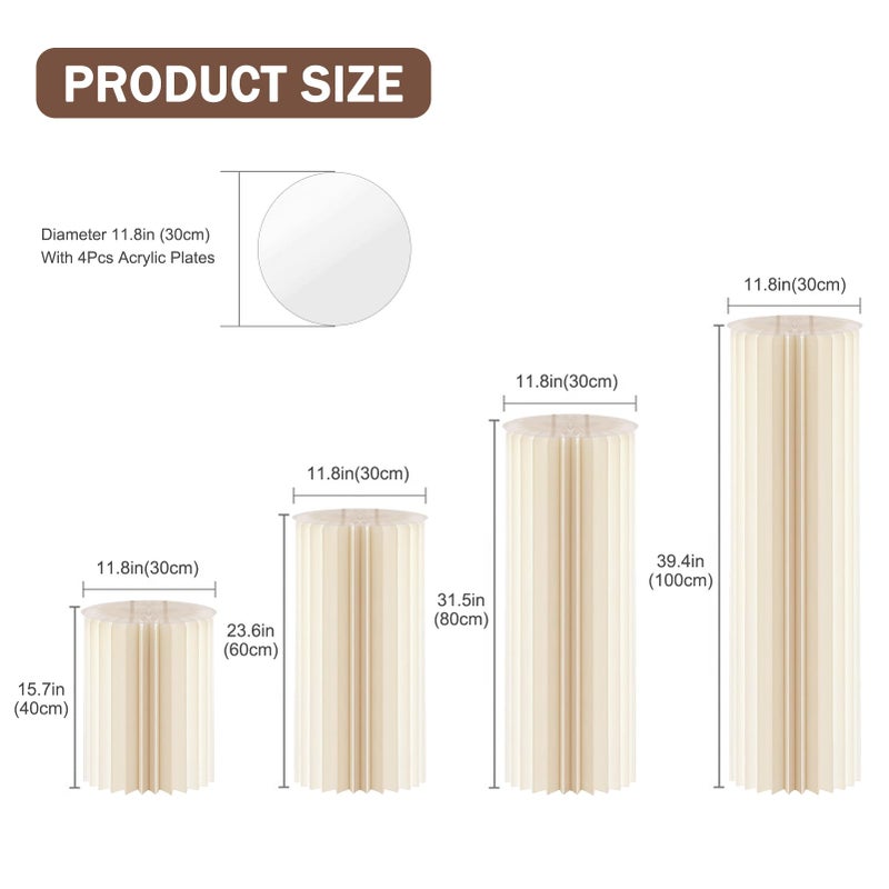 OYKSHDF 4Pack Cylinder Stands for Party, Foldable Cardboard Columns with 4 Clear Round Top Plates, Cake Display Pedestal Stand for Wedding Banquet Vendor Events Decorative - Image 3