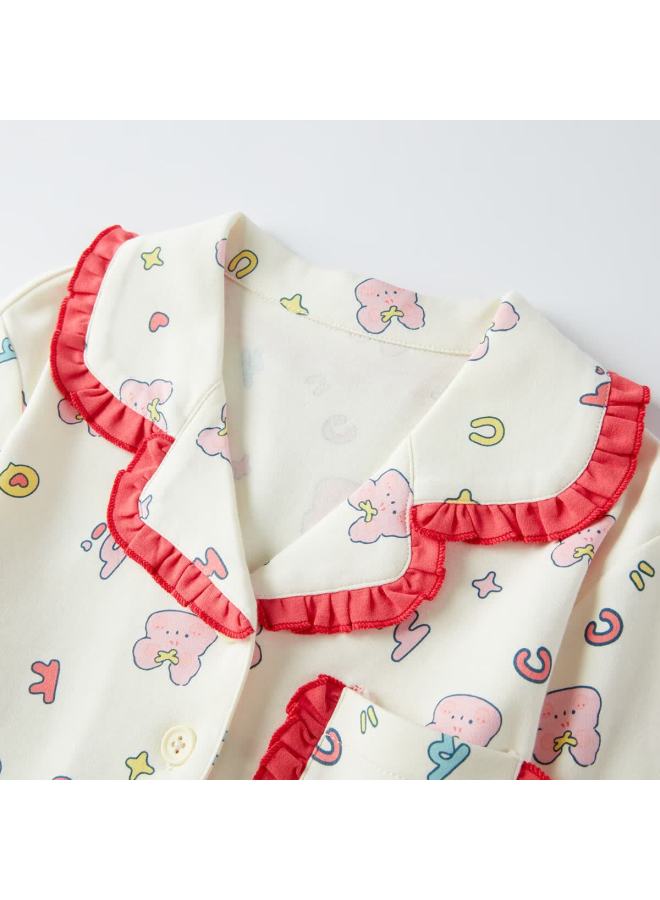 Deesha 60s High-count High-density Pure Cotton Cardigan Collar Homewear Outerwear Set Off-white Full-print Rabbit 110 - Image 4