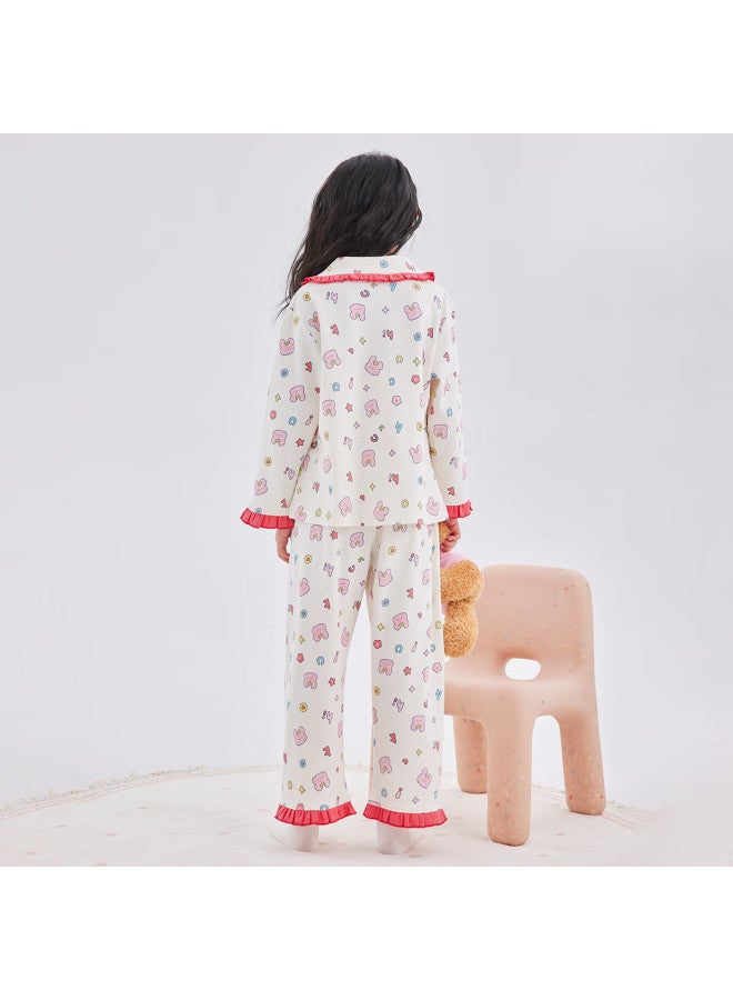 Deesha 60s High-count High-density Pure Cotton Cardigan Collar Homewear Outerwear Set Off-white Full-print Rabbit 110 - Image 2