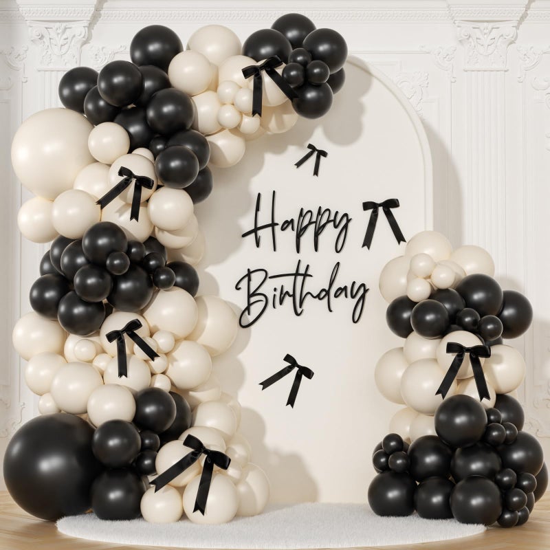 NUTTYBASH Black and Sand White Balloon Arch Kit 141 Pcs Coquette Birthday Decorations Include Balloons and Black Bow for Wedding Baby Shower Gender Reveal Bow Birthday Decorations - Image 1