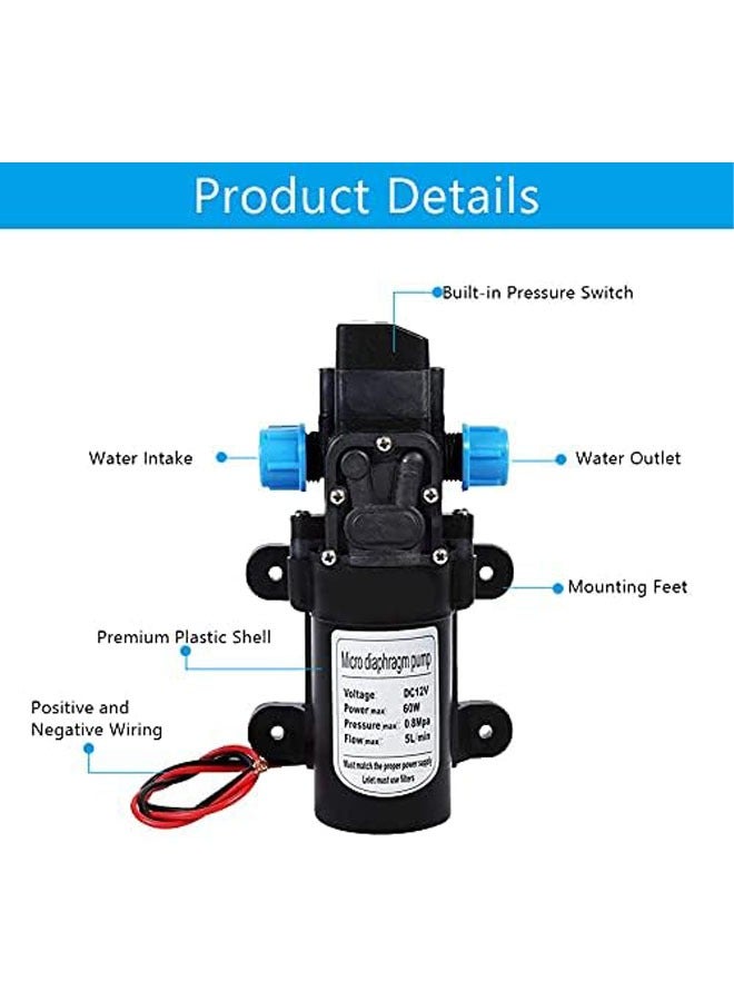 مضخة مياه ذاتية التحضير، مضخة مياه عالية الضغط 12 فولت تيار مستمر، مضخة غشاء ضغط المياه، معدل تدفق 5 لتر/دقيقة، للسيارات الترفيهية، والقوافل، والتخييم، والقوارب، والحدائق، والعشب، وغسيل السيارات - Image 3