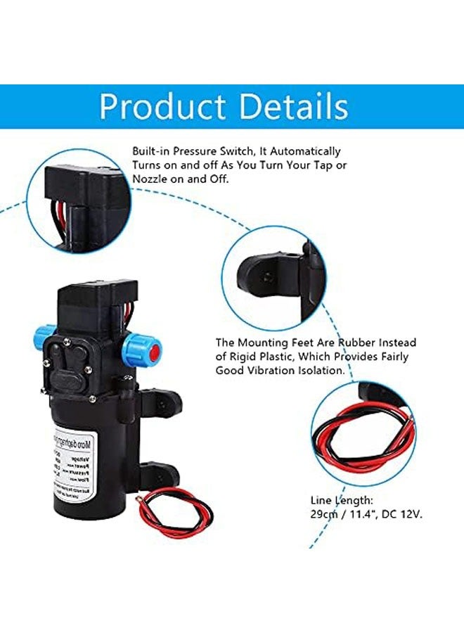 مضخة مياه ذاتية التحضير، مضخة مياه عالية الضغط 12 فولت تيار مستمر، مضخة غشاء ضغط المياه، معدل تدفق 5 لتر/دقيقة، للسيارات الترفيهية، والقوافل، والتخييم، والقوارب، والحدائق، والعشب، وغسيل السيارات - Image 2