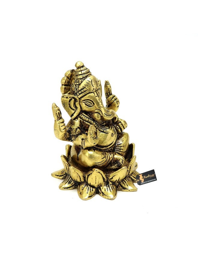 Two Moustaches Brass Ganesha on Lotus Showpiece, Ganesha Murti, Ganesha Idol for Home, Ganesha Statue for Home Temple, Standard, Pack of 1 - Image 3