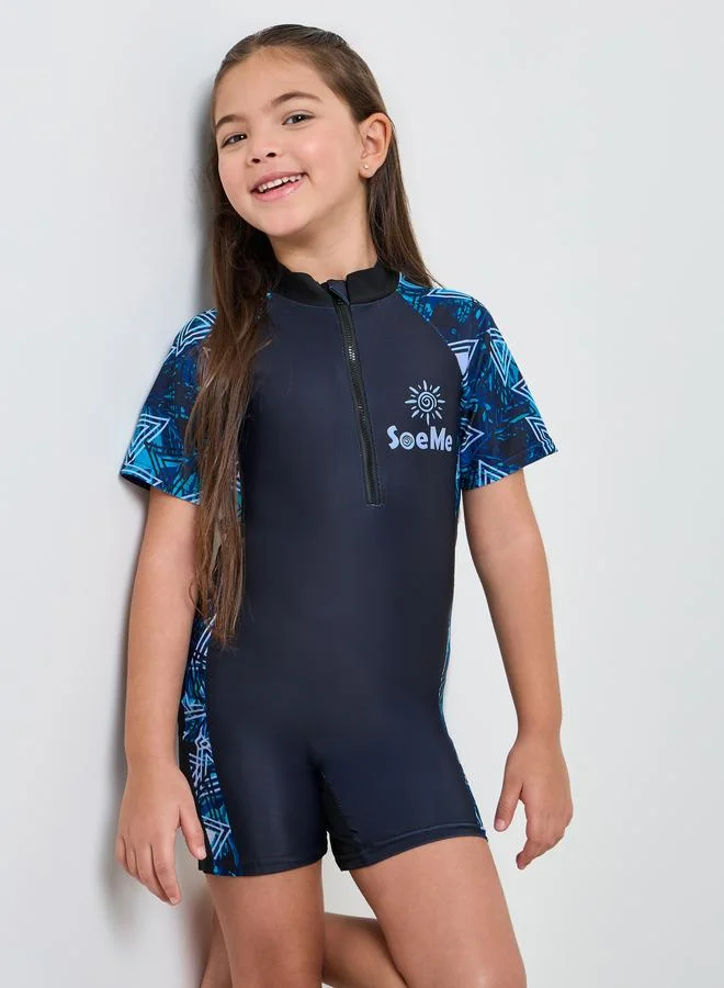 Styli Girls Side Panel Print Swimsuit with Quarter Zip