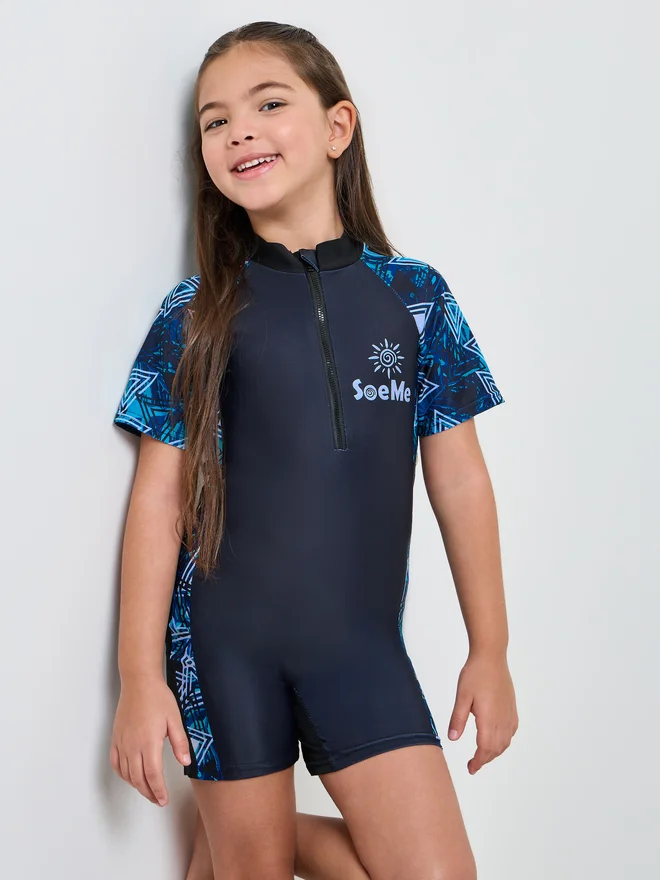 Styli Girls Side Panel Print Swimsuit with Quarter Zip