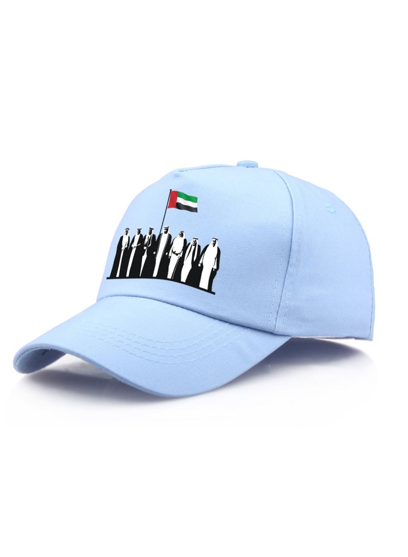 UAE National Day Pure Cotton Hat - Dubai Celebration Cap with Printed Logo, Adjustable Sky Blue Cap for Adults