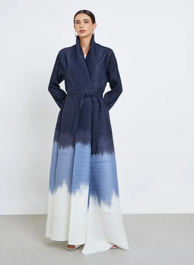 Take Two Color Blocked Textured Pleated Belted Long Sleeve Abaya