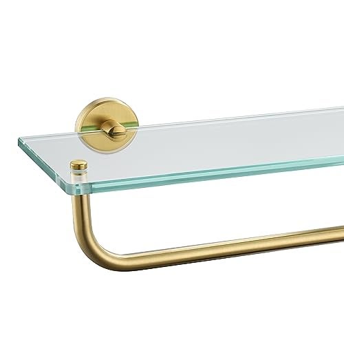 JQK Bathroom Glass Shelf Shelf with 16 Inch Towel Bar Tempered Glass Shower Storage 16 by 5 inches 304 Stainless Steel Brushed Gold Wall Mount TGS100BG - Image 1