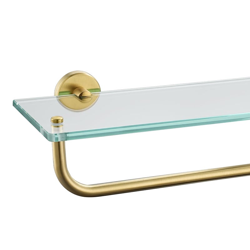 JQK Bathroom Glass Shelf Shelf with 16 Inch Towel Bar Tempered Glass Shower Storage 16 by 5 inches 304 Stainless Steel Brushed Gold Wall Mount TGS100BG - Image 2