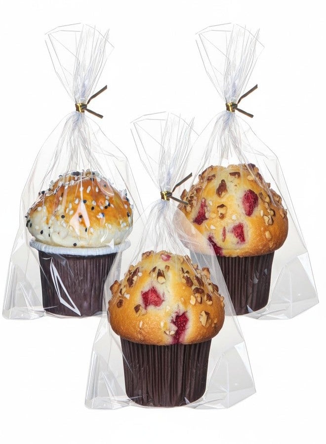 SLShePack 100 Pack 6"x7"x2.4" Cellophane Muffin Bags with Gold Twist Ties Flat Bottom Food Safe Bakery Packaging for Cupcakes Cookies Brownies Strawberries Macarons Perfect for Party Favors Catering - Image 1