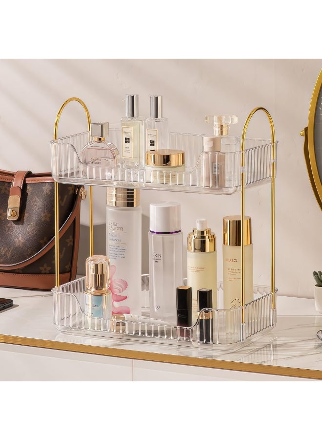 Bathroom Organizer Countertop, Makeup Storage, Skincare Cosmetic Tray Shelf, Perfume Holder Rack for Vanity Counter, Large Capacity, Easy to Install, Clean, 2 Tiers, clear - Image 2