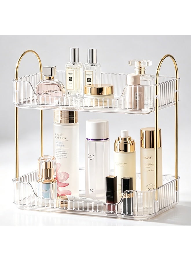 Bathroom Organizer Countertop, Makeup Storage, Skincare Cosmetic Tray Shelf, Perfume Holder Rack for Vanity Counter, Large Capacity, Easy to Install, Clean, 2 Tiers, clear - Image 1