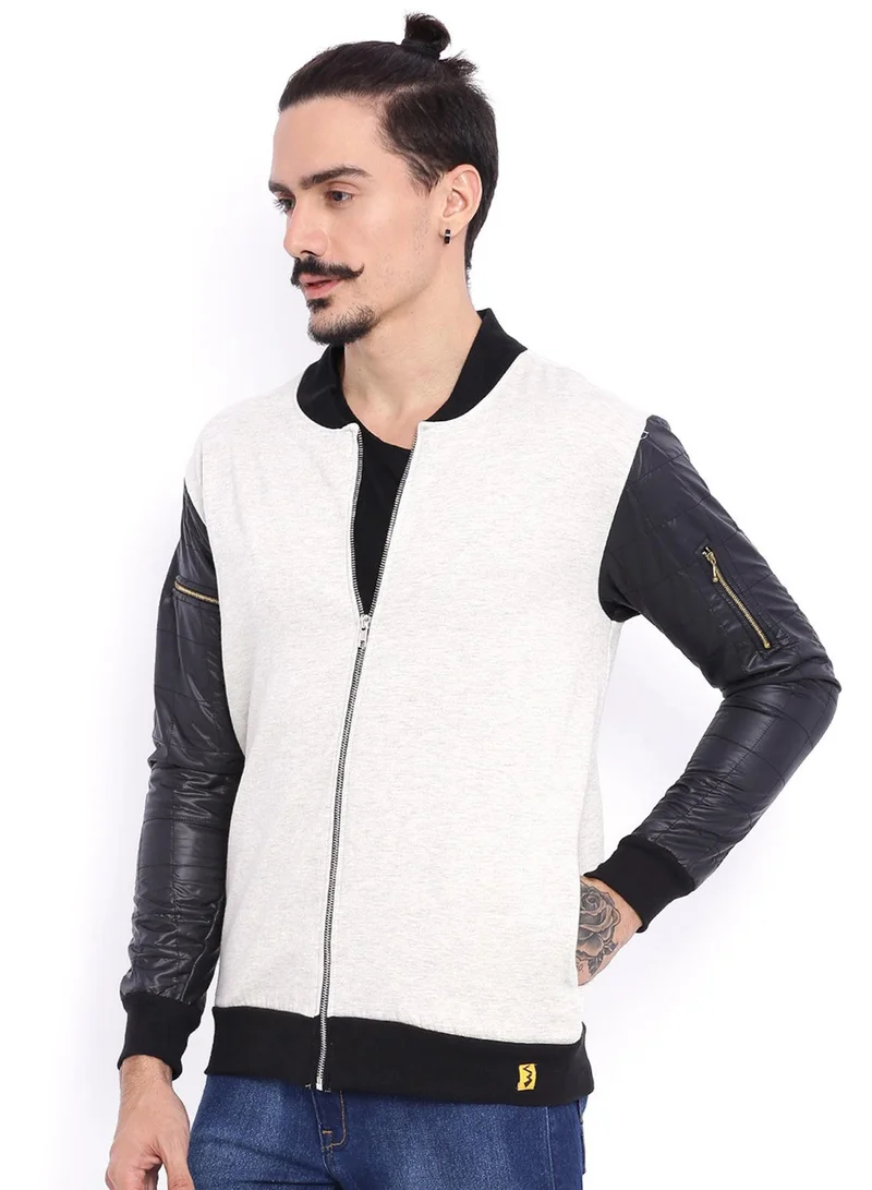 Campus Sutra Men's Cream White & Obsidian Black Quilted-Sleeve Knit Bomber Jacket