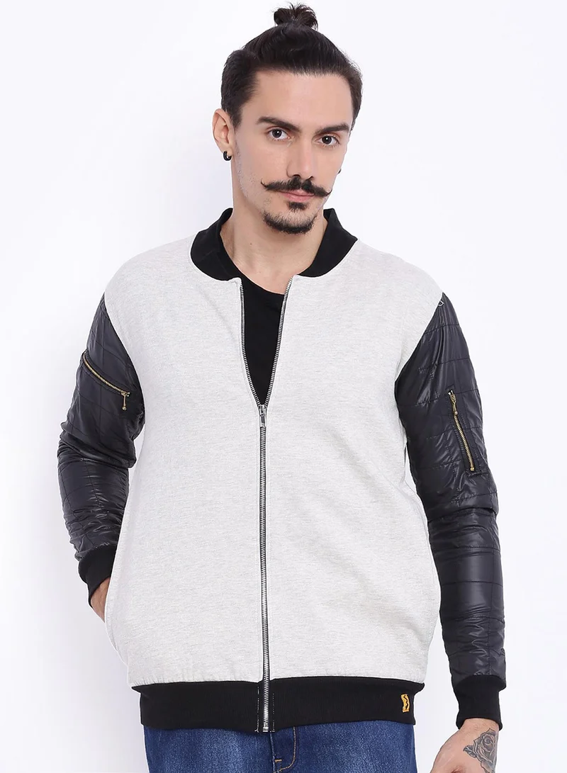 Campus Sutra Men's Cream White & Obsidian Black Quilted-Sleeve Knit Bomber Jacket