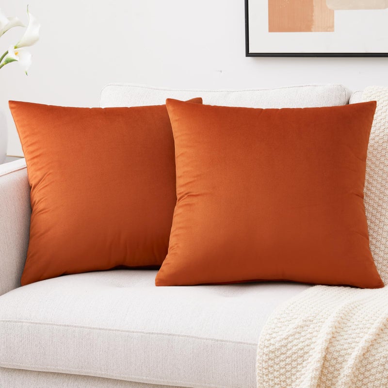 Mixhug Set of 2 Cozy Velvet Square Decorative Throw Pillow Covers for Couch and Bed, Burnt Orange, 18 x 18 Inches - Image 2