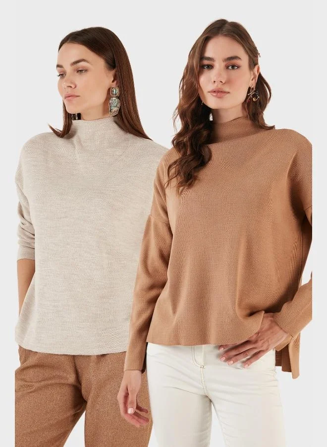Lela Lela Cotton Long Back Standing Collar 2-Pack Knitwear Sweater Women's SWEATER 4615002S2