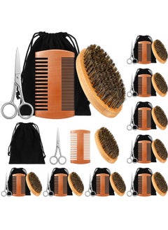 Maitys Aitys 10 Sets Beard Brush Comb Scissors Set For Men Natural Boar Bristle Brush Dual Action Pear Wood Comb With Wide Tooth Mustache Trimming Scissors With Travel Pouch Straighten Soften Your Beard  - Image 2