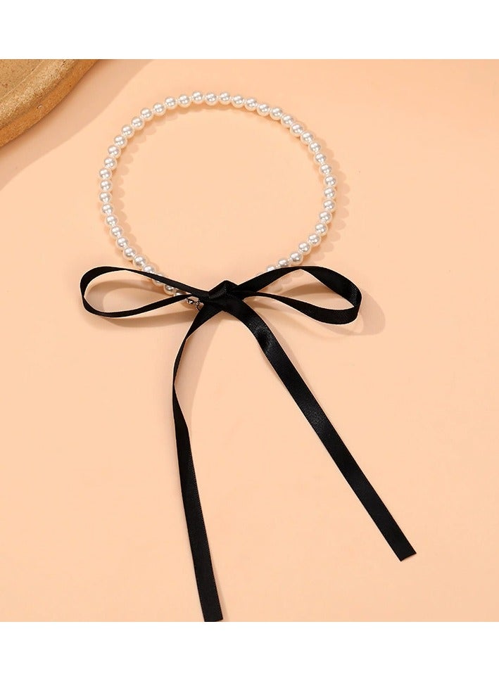 Goolsky Vintage French-Inspired Pearl Ribbon Choker – Elegant Velvet Bow Necklace, Baroque Court Style DIY Jewelry