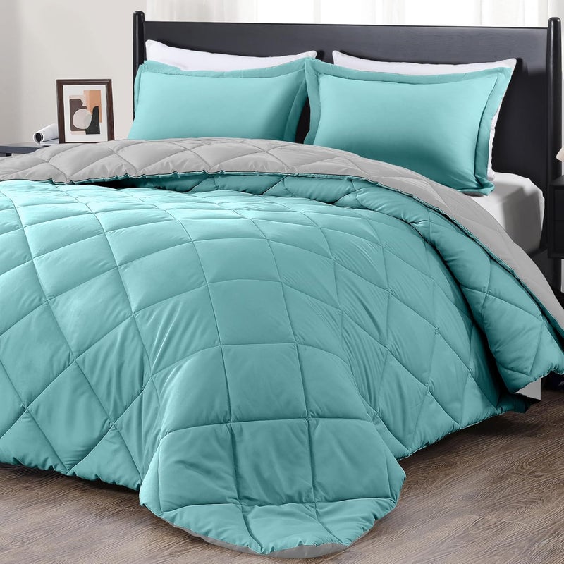 downluxe Queen Comforter Set - Turquoise and Grey Queen Comforter, Soft Bedding Sets for All Seasons -3 Pieces - 1 Comforter (88"x92") and 2 Pillow Shams(20"x26") - Image 1
