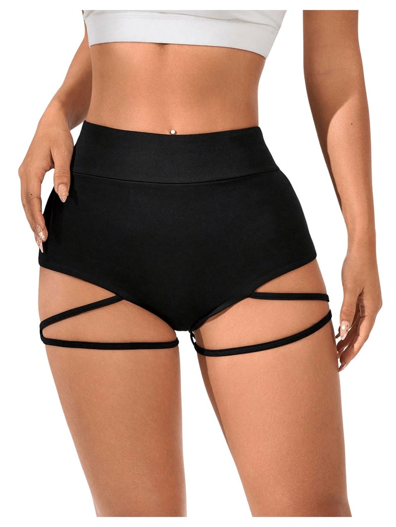 OYOANGLE Women's Ring Linked Cut Out High Waisted Biker Shorts Stretchy Workout Athletic Gym Shorts Black Medium - Image 1