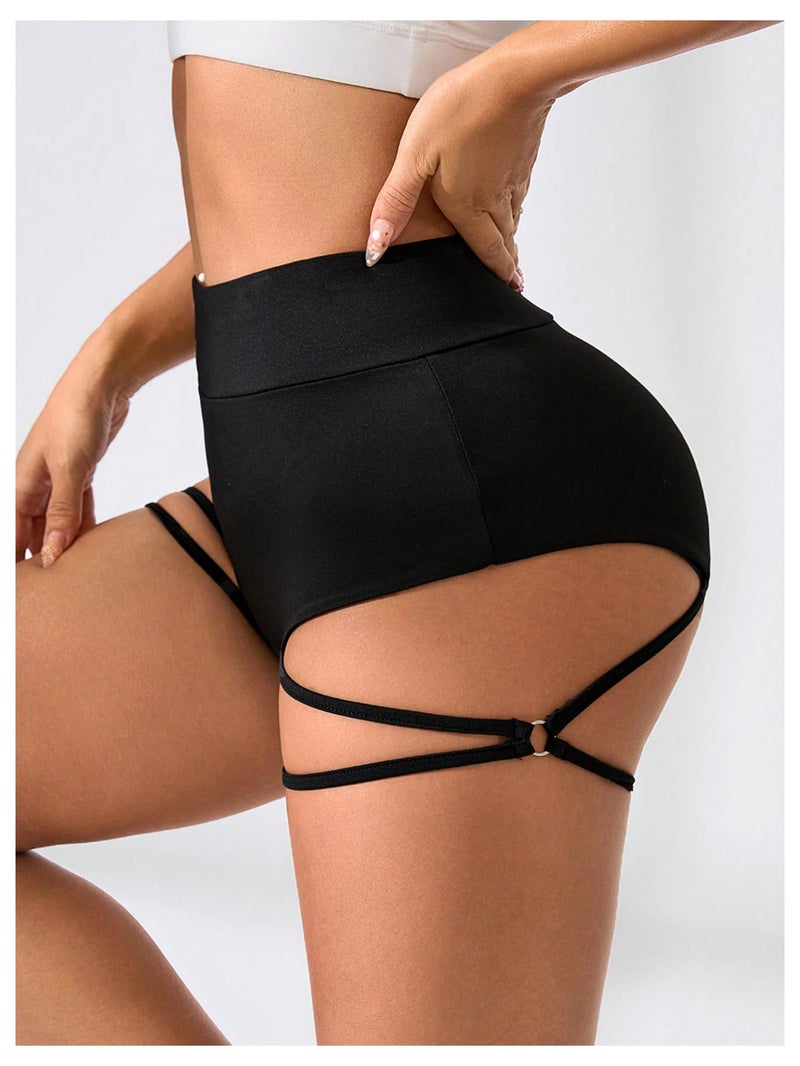 OYOANGLE Women's Ring Linked Cut Out High Waisted Biker Shorts Stretchy Workout Athletic Gym Shorts Black Medium - Image 5