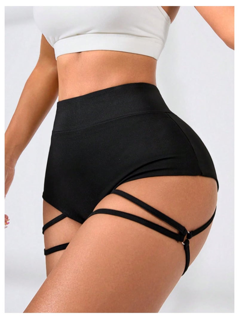 OYOANGLE Women's Ring Linked Cut Out High Waisted Biker Shorts Stretchy Workout Athletic Gym Shorts Black Medium - Image 3