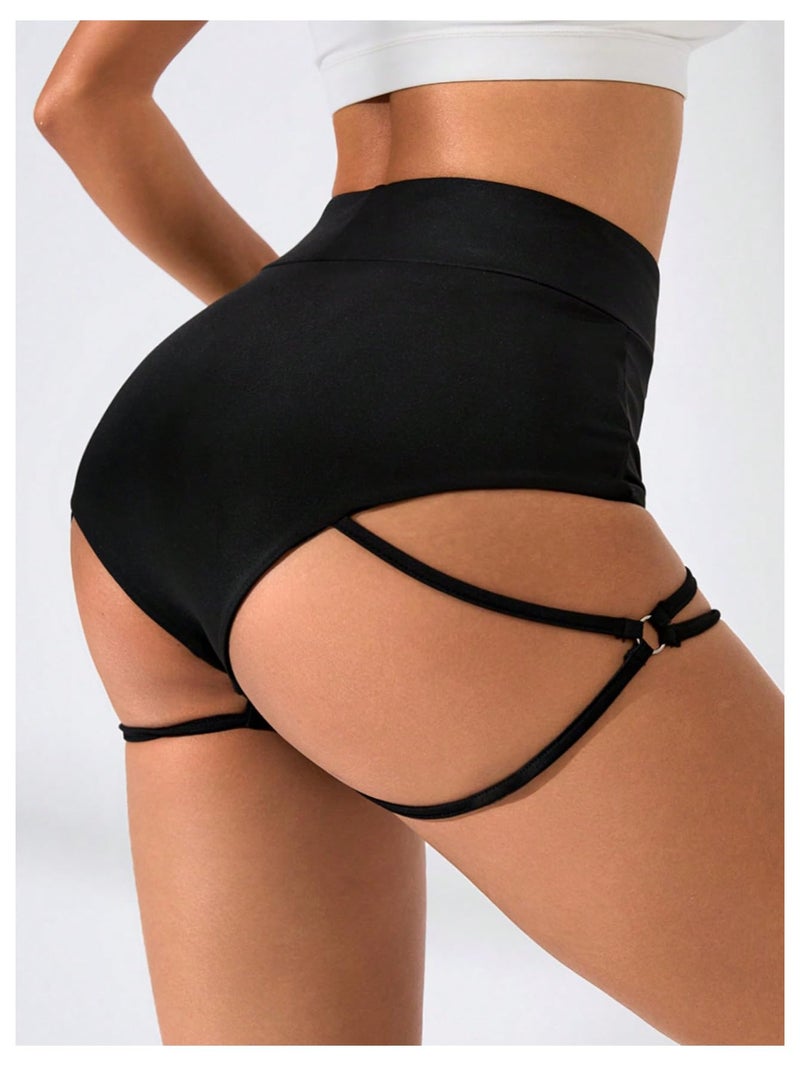 OYOANGLE Women's Ring Linked Cut Out High Waisted Biker Shorts Stretchy Workout Athletic Gym Shorts Black Medium - Image 2