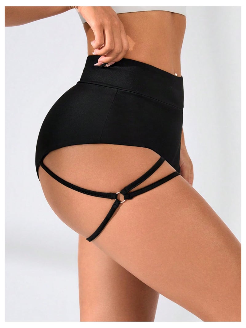 OYOANGLE Women's Ring Linked Cut Out High Waisted Biker Shorts Stretchy Workout Athletic Gym Shorts Black Medium - Image 4