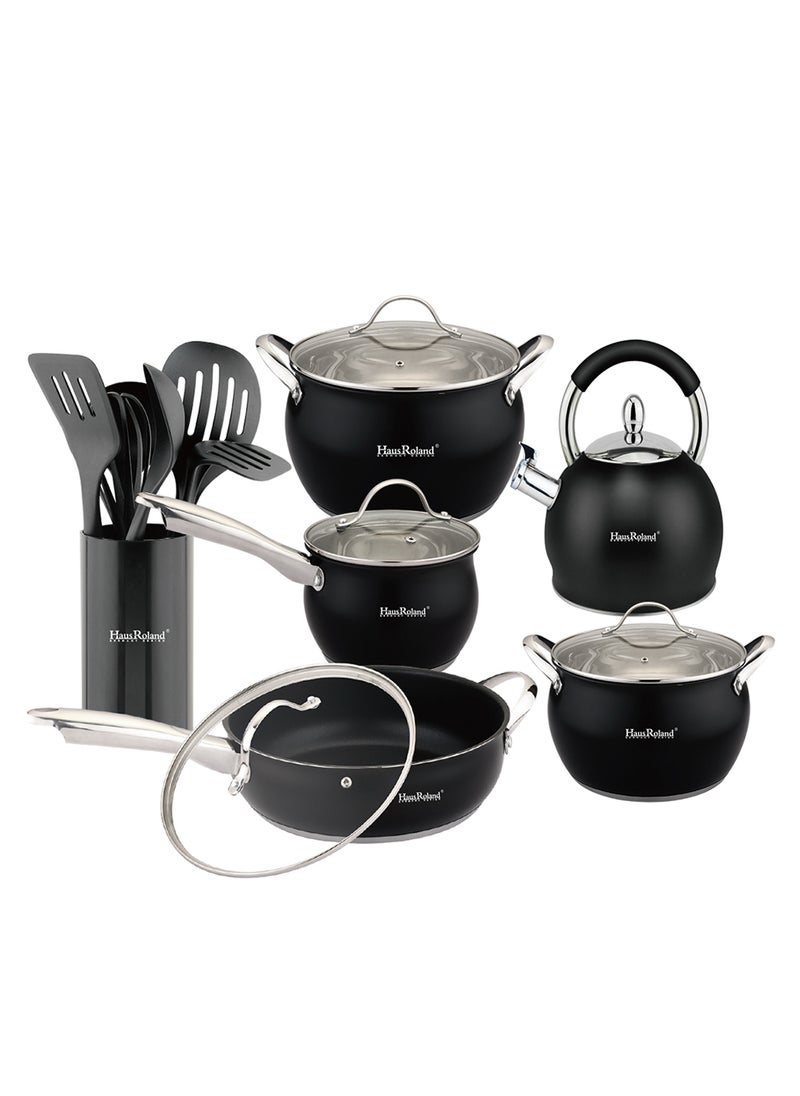 HausRoland Cookware Set with Utensils, Stainless Steel Cooking Sets, Non-stick Pots and Pans Set, 18-Piece Set, Pots, Pans and Utensils, Black - Image 1