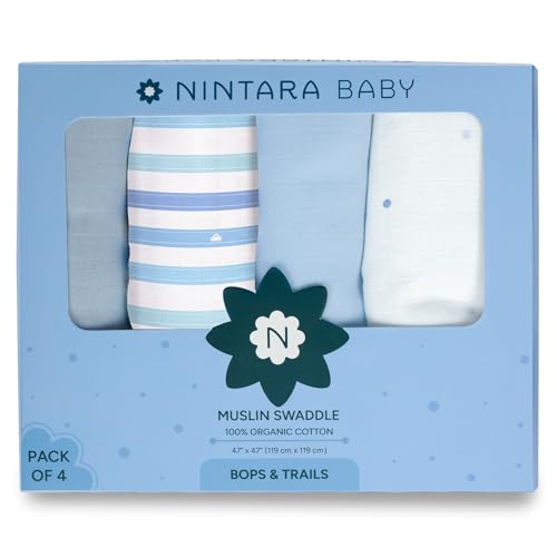 NINTARABABY Extra-Large Swaddles - 100% Organic Premium Muslin Cotton, 47" x 47" (119 cm x 119 cm), Ultra-Soft, Breathable & Lightweight, Hypoallergenic, Gifts for Newborn Boys, Pack of 4 - Image 1