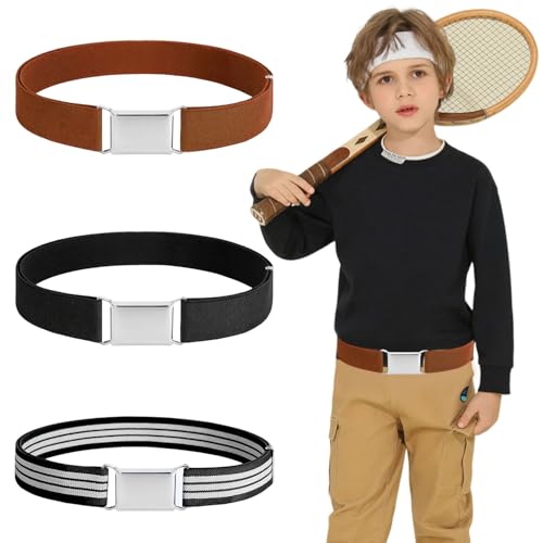 BendJoy Polyester ® 3 Pcs Waist Belt for Kids, Adjustable Kids Belt for Boys and Girls, Ideal Girls Belt for Jeans, Includes Black, Black and White Stripes, and Camel Colors(Fit Waist 60-80cm) - Image 1