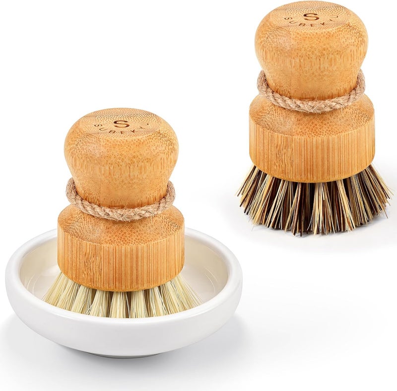 SUBEKYU Bamboo Dish Scrub Brushes, Kitchen Wooden Cleaning Scrubbers Set for Washing Cast Iron Pans/Pots, Set of 2 - Image 1