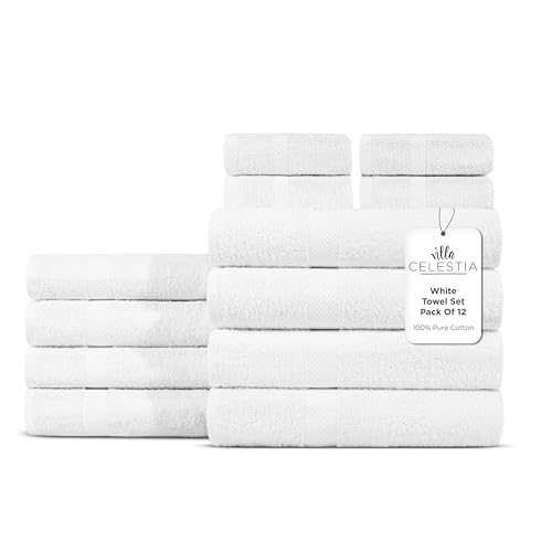 Villa Celestia 100 Cotton Bath Towel Set of 124 Bath Towels 4 Hand Towels 4 Wash Cloths Sustainable Soft Highly Absorbent Combed Cotton 12 Piece Set for Hotels Spa Bathroom Dorm White - Image 1