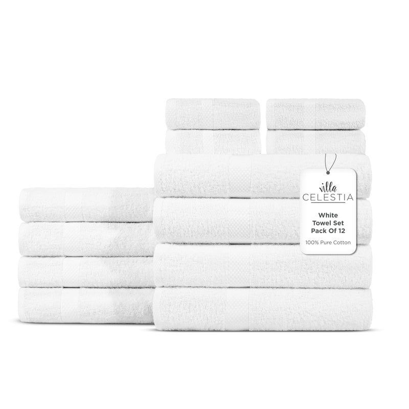 Villa Celestia 100 Cotton Bath Towel Set of 124 Bath Towels 4 Hand Towels 4 Wash Cloths Sustainable Soft Highly Absorbent Combed Cotton 12 Piece Set for Hotels Spa Bathroom Dorm White - Image 2