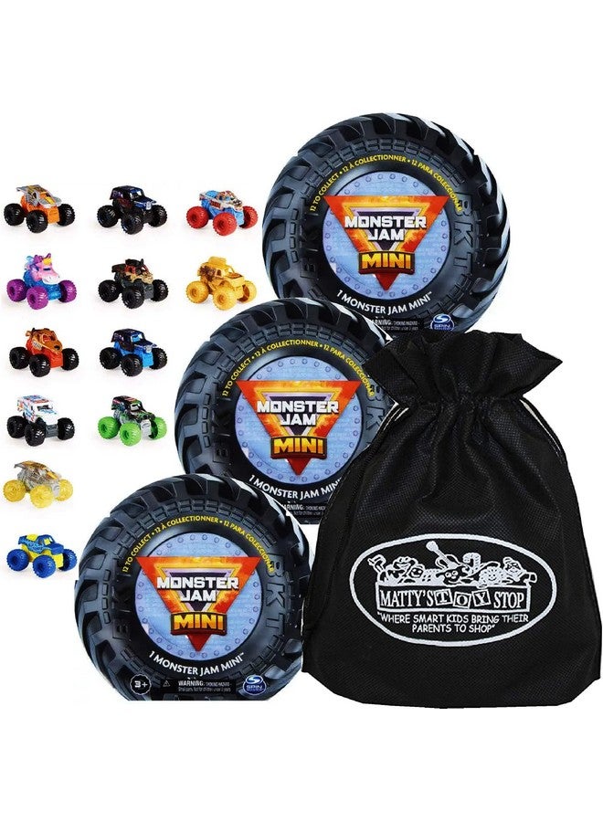 Matty's Toy Stop Monster Jam Mini Mystery Collectible Monster Trucks (1:87 Scale) Gift Set Party Bundle Storage Bag 3 Pack (Assorted)  - Image 1