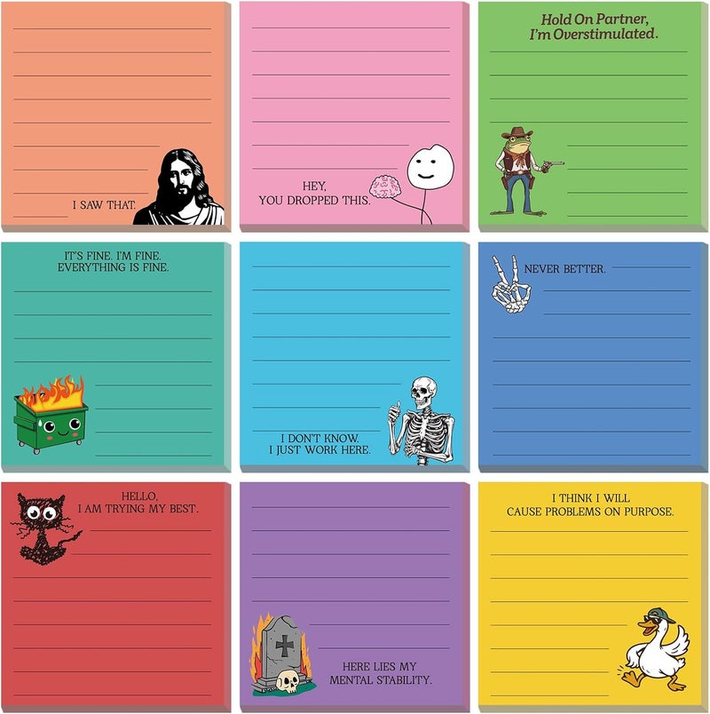 Saypacck 9 Pads Funny Sticky Notes 3x3 Inch Cute Self Stick Notepads Notes Adhesive Memo Pad Office Decor Gifts for Students School Teacher Meeting Office Supplies - Image 1