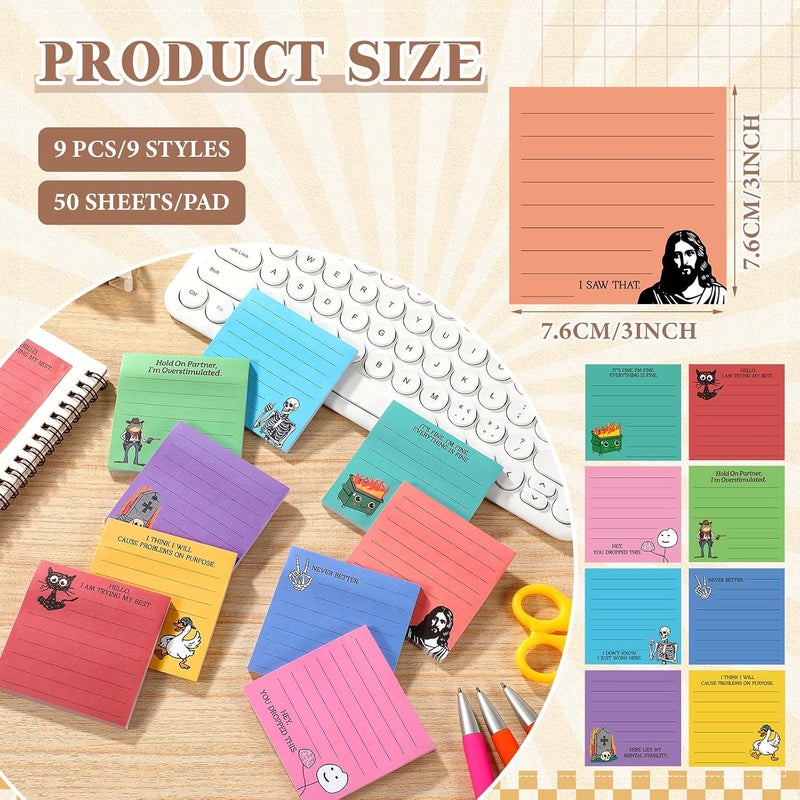 Saypacck 9 Pads Funny Sticky Notes 3x3 Inch Cute Self Stick Notepads Notes Adhesive Memo Pad Office Decor Gifts for Students School Teacher Meeting Office Supplies - Image 2