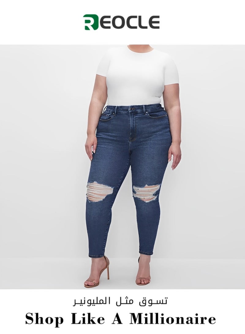 ريوكل بنطلون جينز نسائي ضيق من قماش الدنيم المطاطي بخصر عالٍ وقصة ضيقة وقصّة ساق رفيعة - Image 1