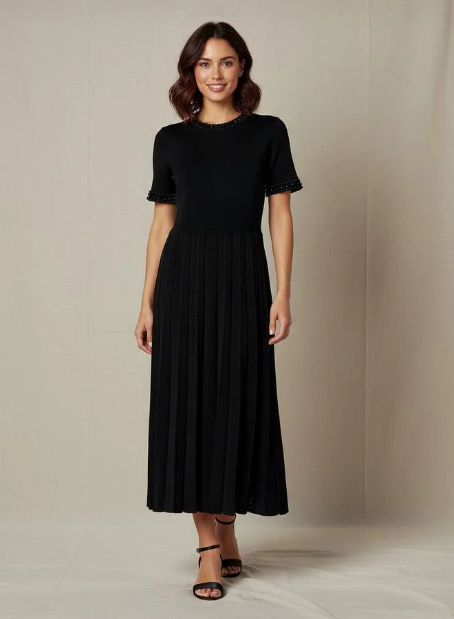 2Xtremz 2Xtremz Pleated Midi Dress with Pearl Embellishment