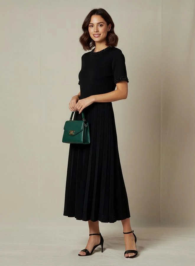 2Xtremz 2Xtremz Pleated Midi Dress with Pearl Embellishment