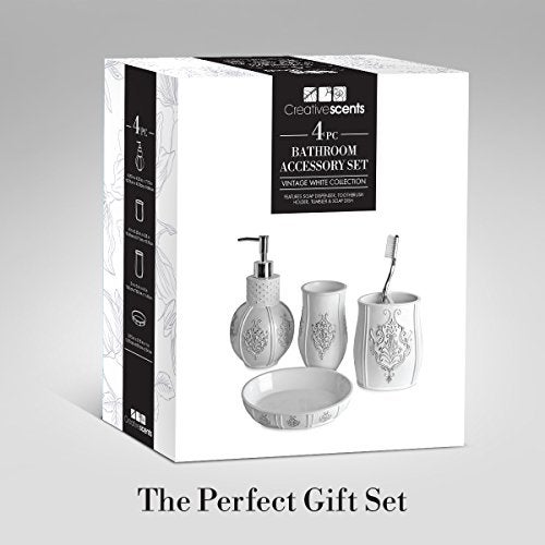Creative Scents Vintage White Bathroom Accessories Set - 4 Piece Bathroom Set - Farmhouse French Country Bathroom Accessory Set Features: Soap Dispenser, Toothbrush Holder, Tumbler & Soap Dish - Image 4