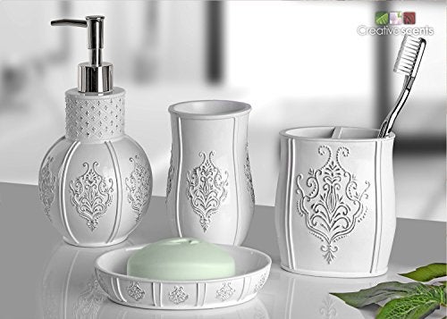 Creative Scents Vintage White Bathroom Accessories Set - 4 Piece Bathroom Set - Farmhouse French Country Bathroom Accessory Set Features: Soap Dispenser, Toothbrush Holder, Tumbler & Soap Dish - Image 2