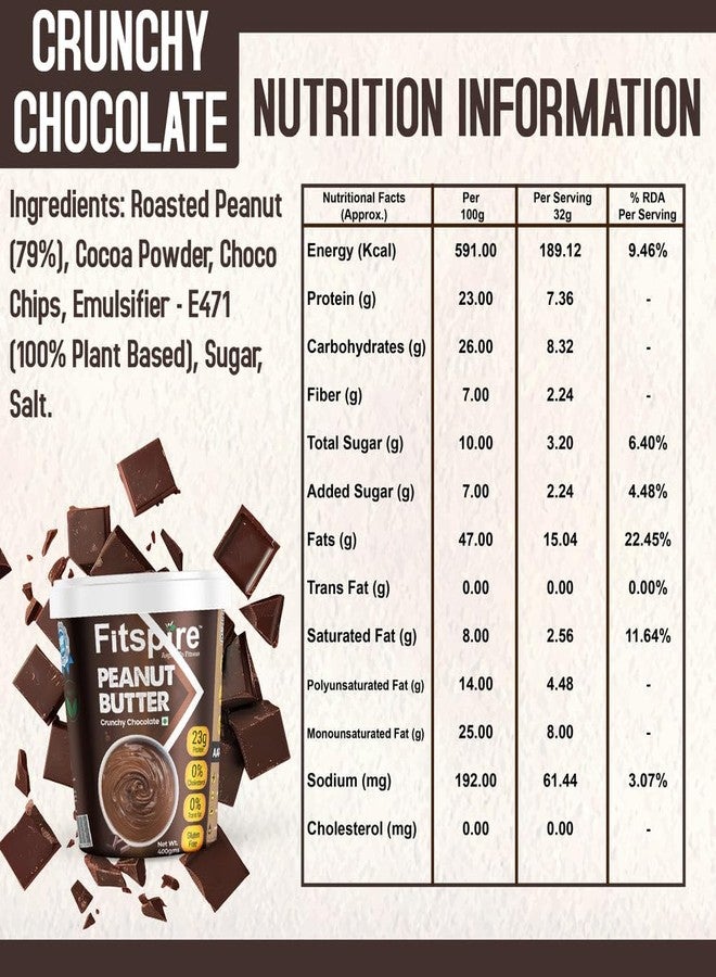 Fitspire Crunchy Chocolate Peanut Butter 400g (23g Protein Per 100g) | High Protein Spread | Gluten-Free, Zero Trans Fat, Cholesterol, or Hydrogenated Oils - Image 2