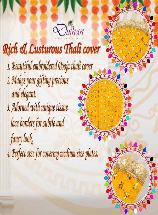 Dulhan 20 Inch Round Velvet Pooja Thali Cover - Yellow Embroidered Thaalposh for Mandir, Wedding & Festive Rituals - Image 4