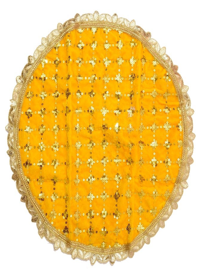 Dulhan 20 Inch Round Velvet Pooja Thali Cover - Yellow Embroidered Thaalposh for Mandir, Wedding & Festive Rituals - Image 1