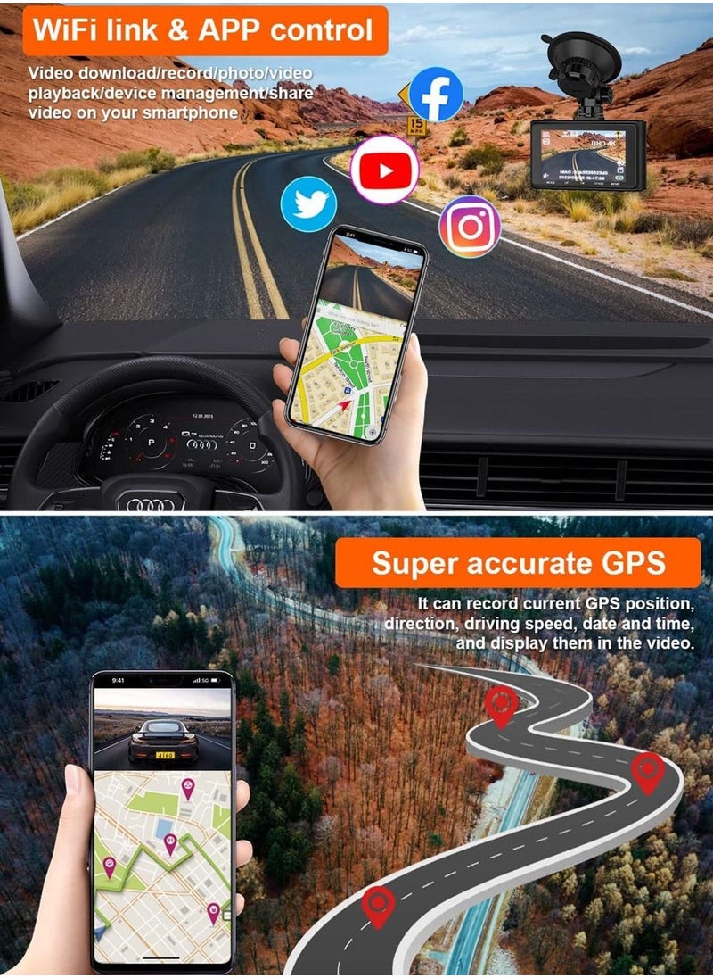 4K Dash Cam 2160P Built-in GPS/WiFi Dual Dash Cam for Car,24H Parking Auto Drive Vehicle Video Recorder Car Registrar Dual Lens