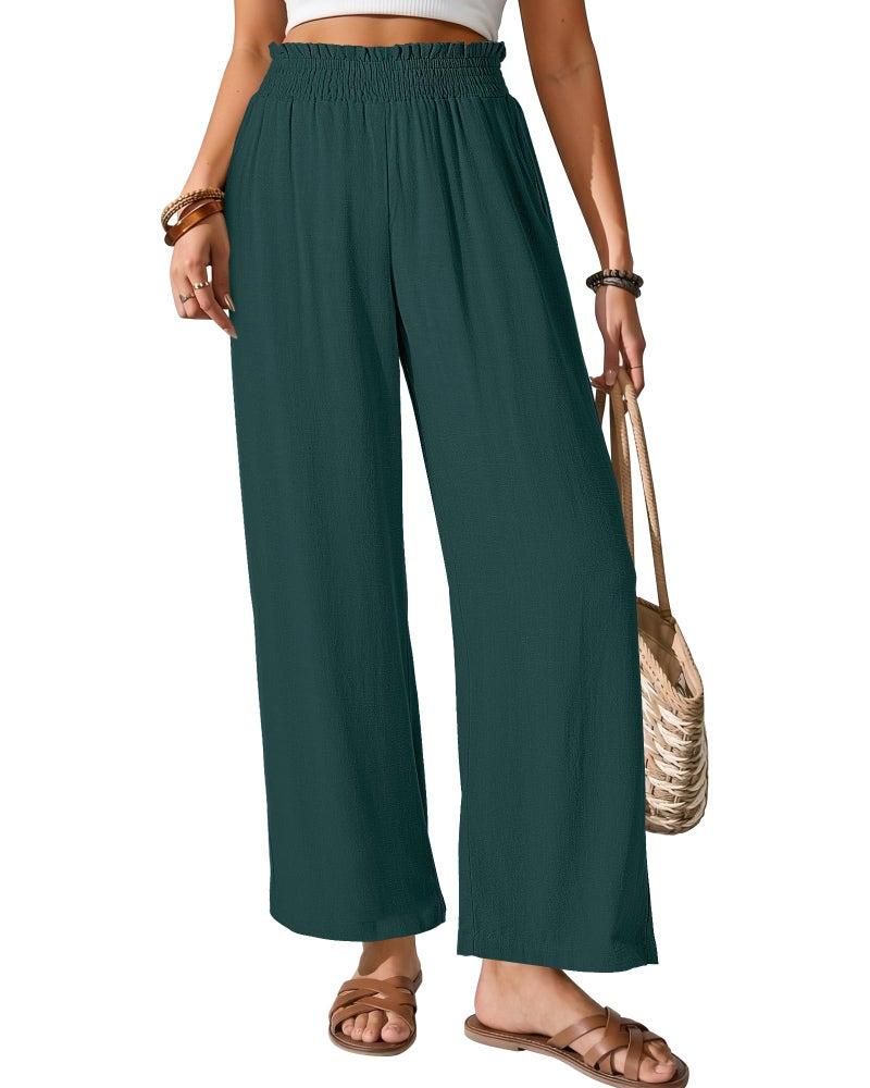 GRAPENT High Waisted Wide Leg Pants Linen Beach Pants Womens Comfy Womens Casual Summer Flowy for Women High Waisted Pull On Palazzo 2026 Deep Teal Size X-Large US 16 to 18 - Image 1