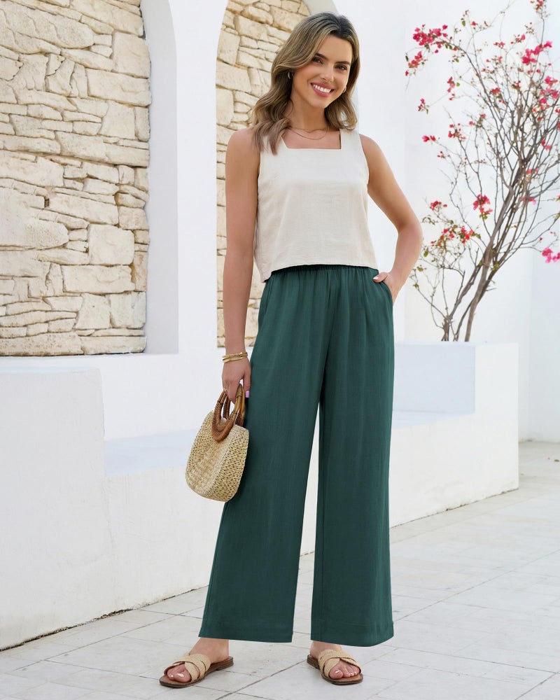 GRAPENT High Waisted Wide Leg Pants Linen Beach Pants Womens Comfy Womens Casual Summer Flowy for Women High Waisted Pull On Palazzo 2026 Deep Teal Size X-Large US 16 to 18 - Image 4