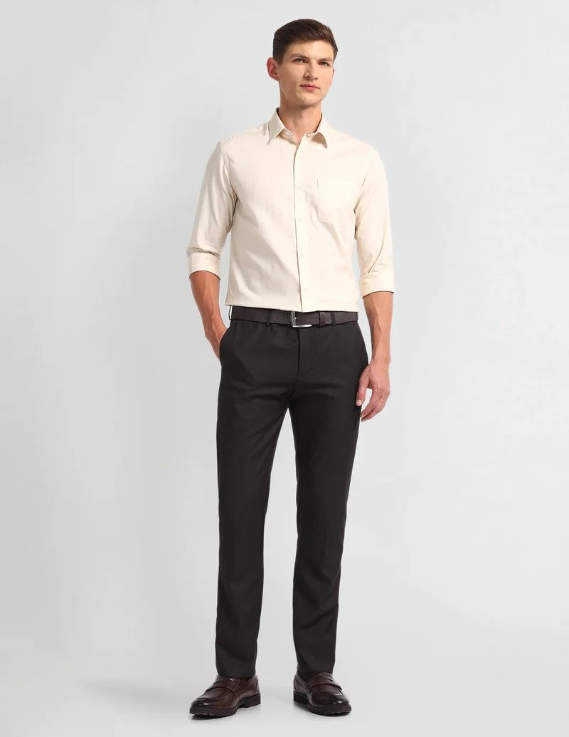 Arrow Dark Brown Tapered Fit Twill Trousers for Men | Best Price UAE