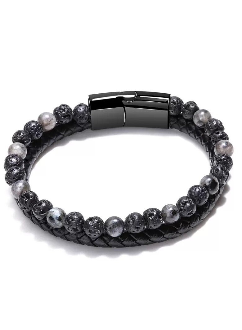 أوليس فيرس  علبتان من أساور حجر الحمم البركانية الطبيعي وسوار كوف من الجلد الأسود المصنوع يدويًا، هدية للرجال والأولاد والأبناء والإخوة - Image 5